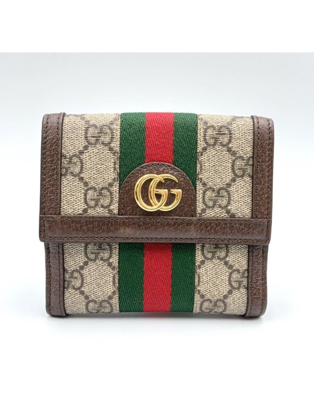 Gucci Ophidia GG French Flap Wallet Leather Brown Beige Bifold Gold
